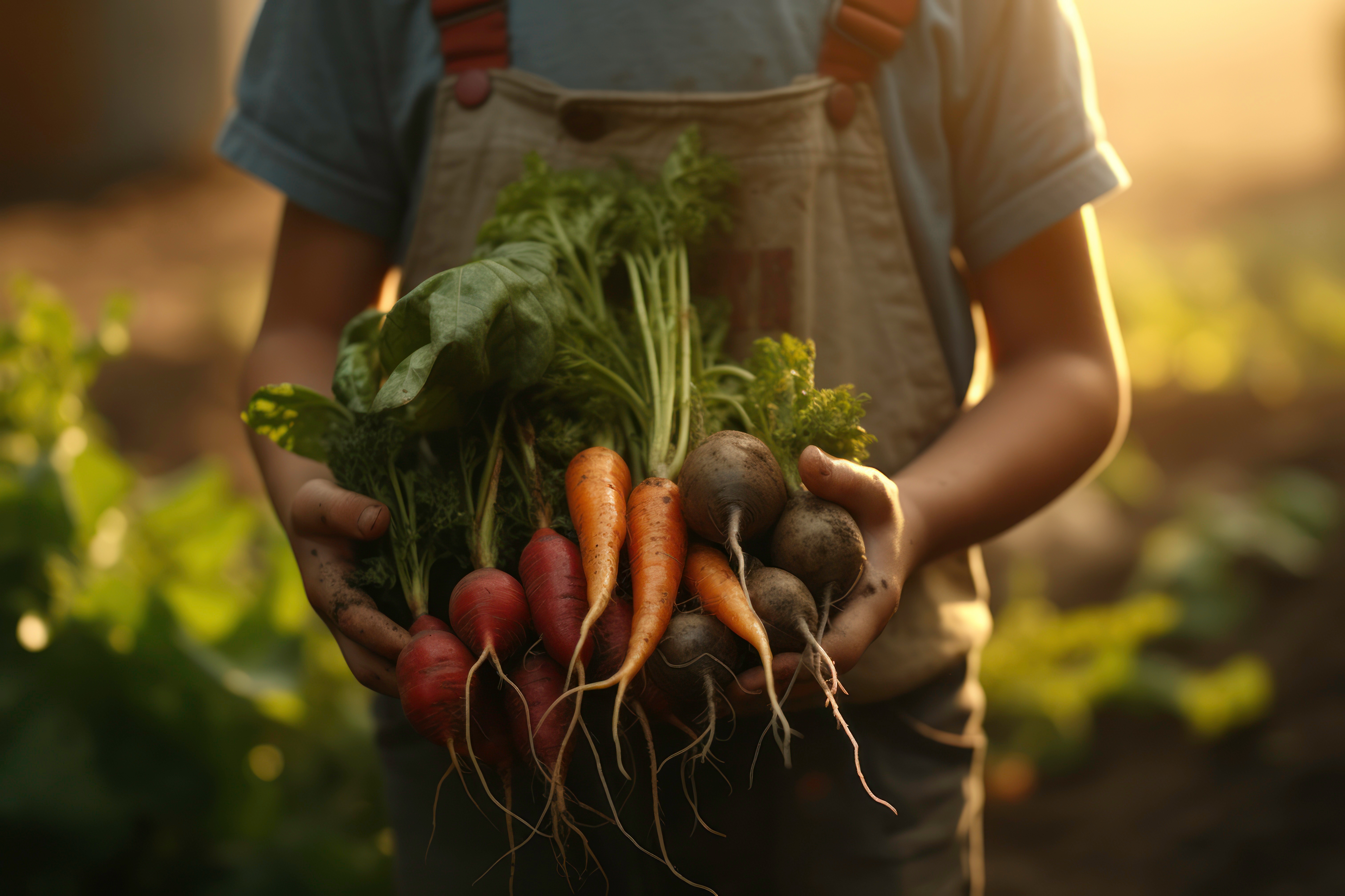 Ausgewogene Ernährung - Landwirt mit frisch geernteten Karotten