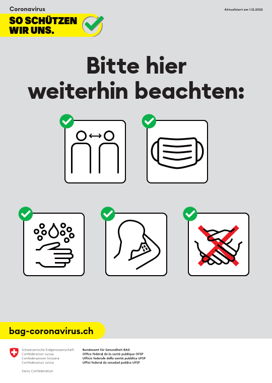 Plakat: "Bitte hier weiterhin beachten" des BAG mit aktuellen Verhaltens- und Hygieneempfehlungen